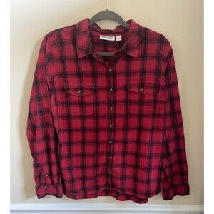 St John's Bay Women’s Button Down Shirt Top Blouse Size XL-Blue Plaid Classic